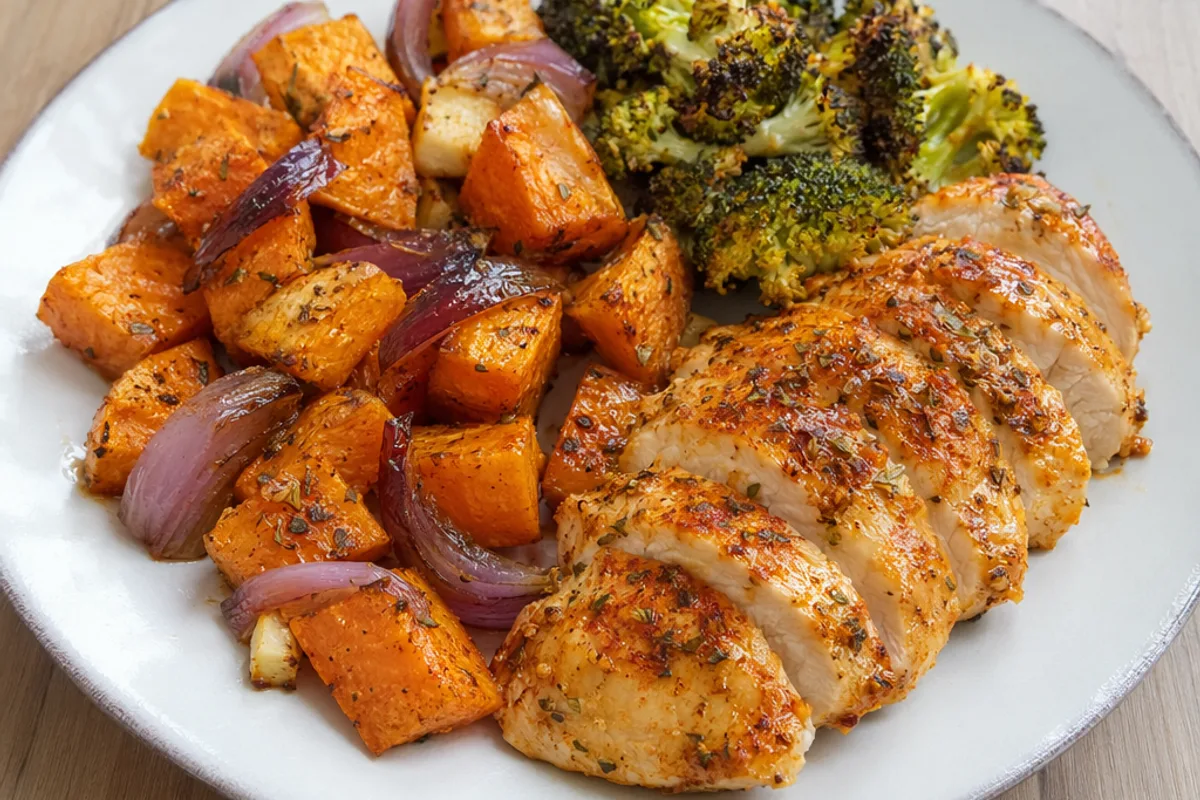 Frango assado com batata-doce